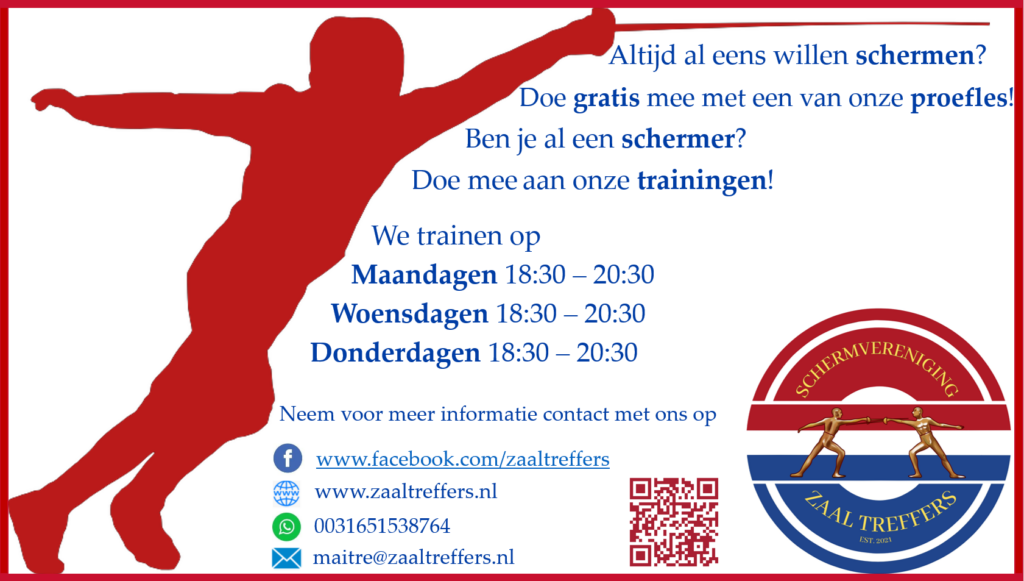 Schermvereniging Zaal Treffers biedt schermles en schermclinics in Leiden en Oegstgeest. Kom voor een gratis proefles!  Kinderen, dames en heren kunnen genieten van degenschermen!